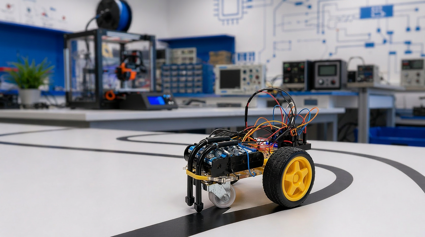 Robot de BOTLEAGUE sobre pista, fondo desenfocado